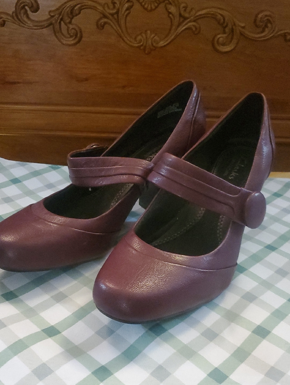 Clarks Plum Mary Jane Heels with Decorative Button Strap